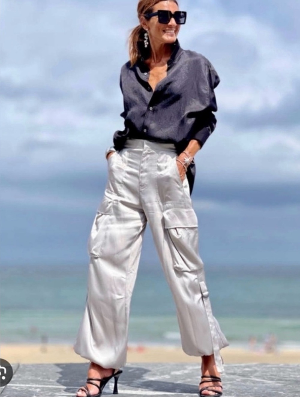 Zara Black Satin Cargo Pants